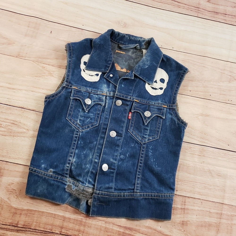 Levi's Blue Denim Vest with White Skull Patches